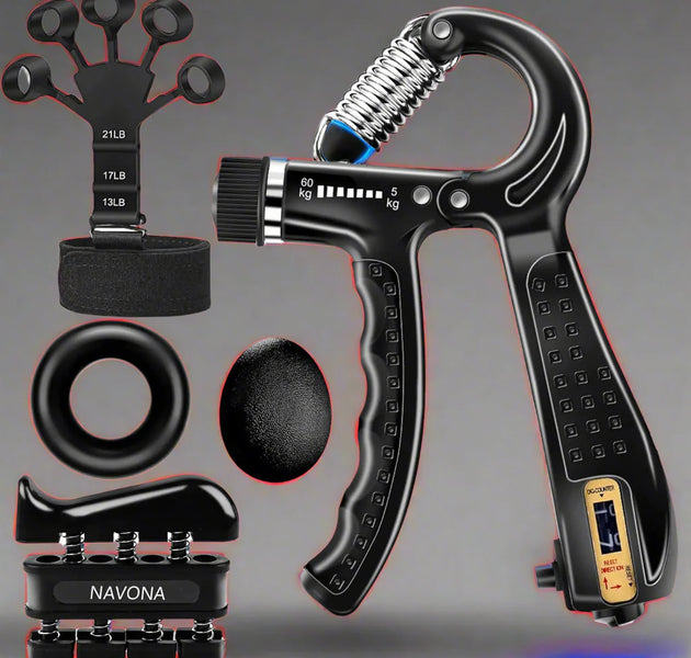 Grip Trainer Kit Adjustable Hand Gripper, Finger & Hand Exercisers, Stress Ball, and Forearm Ring for Strength Building & Injury Recovery