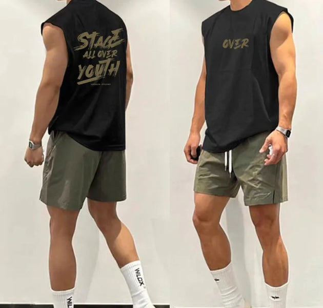Men’s Summer Letter Print Gym Vest Sleeveless Sports Top Quick Dry Running Training Pullover Muscle Shirt