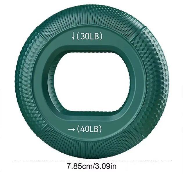 Hand holding a green resistance ring with load indicators, surrounded by other resistance rings in different colors and weights.
