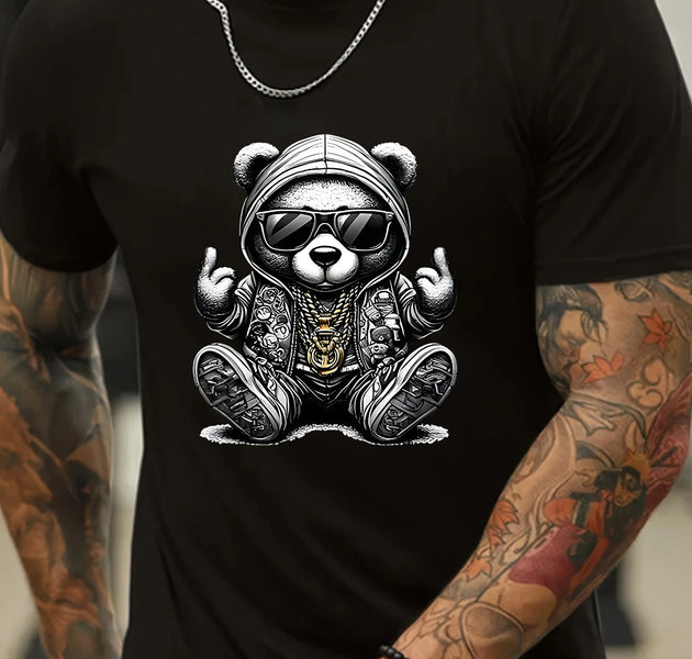 Men’s Cool Bear Graphic T-Shirt – Casual Short Sleeve, Breathable Round Neck Gym Tee with Stylish Glasses Design